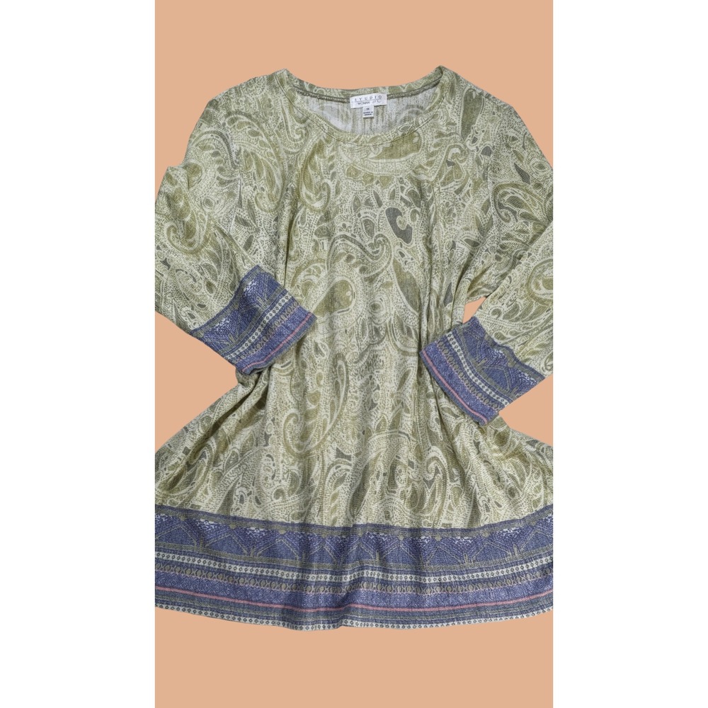 Tunic Top 1X green paisley print 3/4 sleeve blue seams super soft‎ drapes well
